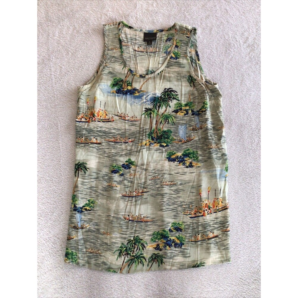 Karen Kane Sleeveless Tunic Tank Top Women's 8 USA Tropics Boats Palm Trees